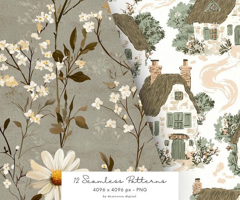 May include: A set of 12 seamless patterns featuring cottagecore illustrations. The patterns include white flowers, green foliage, and stone cottages with thatched roofs. The patterns are 4096 x 4096 pixels and are in PNG format.