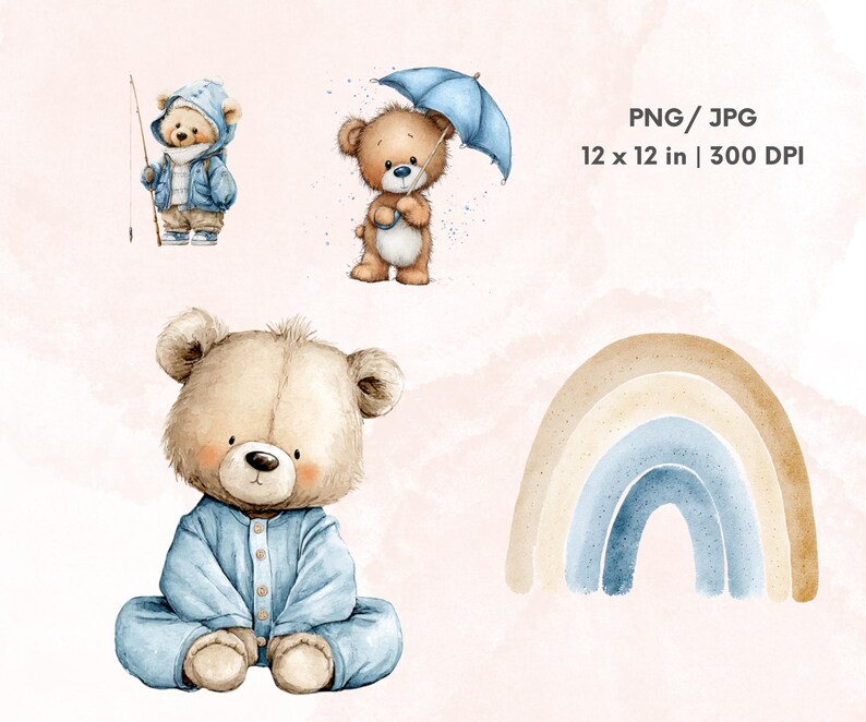Watercolor Teddy Bear Clipart, Baby Blue Teddies Png Bundle, Nursery ...