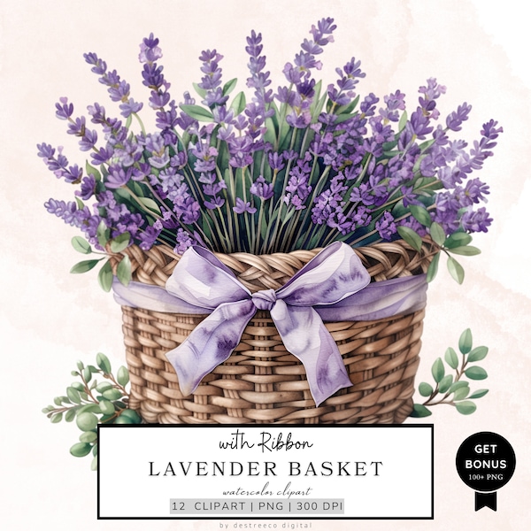 Lavender Basket Clipart, Lavender Clipart, Spring Clipart, Botanical Clipart, Floral Clipart, Printable Watercolor Clipart, Digital Download