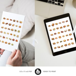 Puede incluir: Una hoja imprimible de ilustraciones de comida de 8,5 x 11 pulgadas. La hoja presenta 48 alimentos diferentes, incluyendo s&aacute;ndwiches, ensaladas y platos de pasta. Las ilustraciones son de estilo realista y son perfectas para usar en una variedad de proyectos.