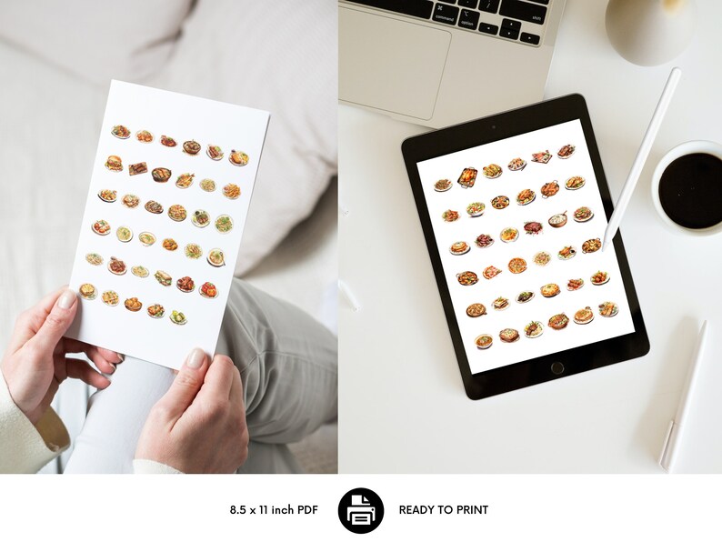 Puede incluir: Una hoja imprimible de ilustraciones de comida de 8,5 x 11 pulgadas. La hoja presenta 48 alimentos diferentes, incluyendo s&aacute;ndwiches, ensaladas y platos de pasta. Las ilustraciones son de estilo realista y son perfectas para usar en una variedad de proyectos.