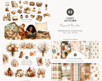 Aquarell gemütliche Herbst Clipart Sammlung, Herbst Blumen PNG, Cottagecore Grafiken, nahtlose Muster, digitaler Download