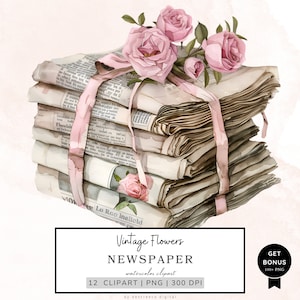 Vintage Newspaper with Pink Roses Clipart, Stacked Newspaper with Pink Ribbon Clipart, Floral Png, Printable Watercolor Clipart, Mixed Media