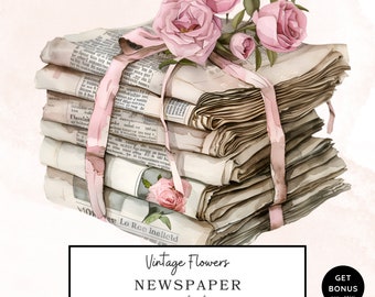 Vintage Newspaper with Pink Roses Clipart, Stacked Newspaper with Pink Ribbon Clipart, Floral Png, Printable Watercolor Clipart, Mixed Media