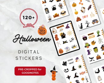May include: A set of 120+ Halloween digital stickers for Goodnotes. The stickers feature a variety of Halloween themes, including ghosts, pumpkins, bats, witches, and candy. The stickers are pre-cropped and ready to use in Goodnotes.