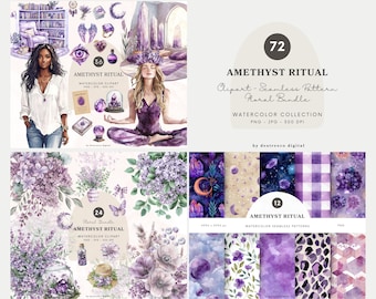 Watercolor Amethyst Ritual Clipart Collection, Amethyst Crystal Set, Meditation Clipart, Boho Spiritual Graphics, Self Care Png Download