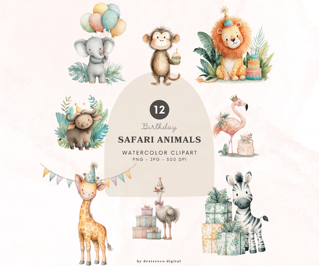 Birthday Safari Animals Clipart, Watercolor Jungle Party Animals Png ...