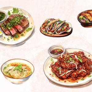 Puede incluir: Una variedad de platos en platos blancos, incluyendo bistec con salsa verde, tacos, pollo con salsa marr&oacute;n y un taz&oacute;n de fideos.
