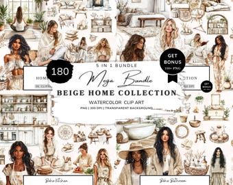 Boho Living Clipart Bundle, Cozy Cottagecore Clipart, Boho Life Png Bundle, Bohemian Clipart, Kitchen, Bath, Bedroom, Kids, Planner Girl Png