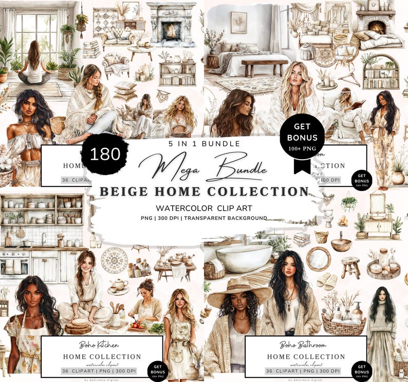 Puede incluir: Un conjunto de ilustraciones digitales de 180 im&aacute;genes de clipart de acuarela en tonos beige. El conjunto incluye cinco temas diferentes: hogar, cocina, ba&ntilde;o, sala de estar y dormitorio. Las ilustraciones presentan personas, muebles, plantas y otros art&iacute;culos de decoraci&oacute;n del hogar. El conjunto es perfecto para crear dise&ntilde;os digitales, scrapbooking y otros proyectos creativos.