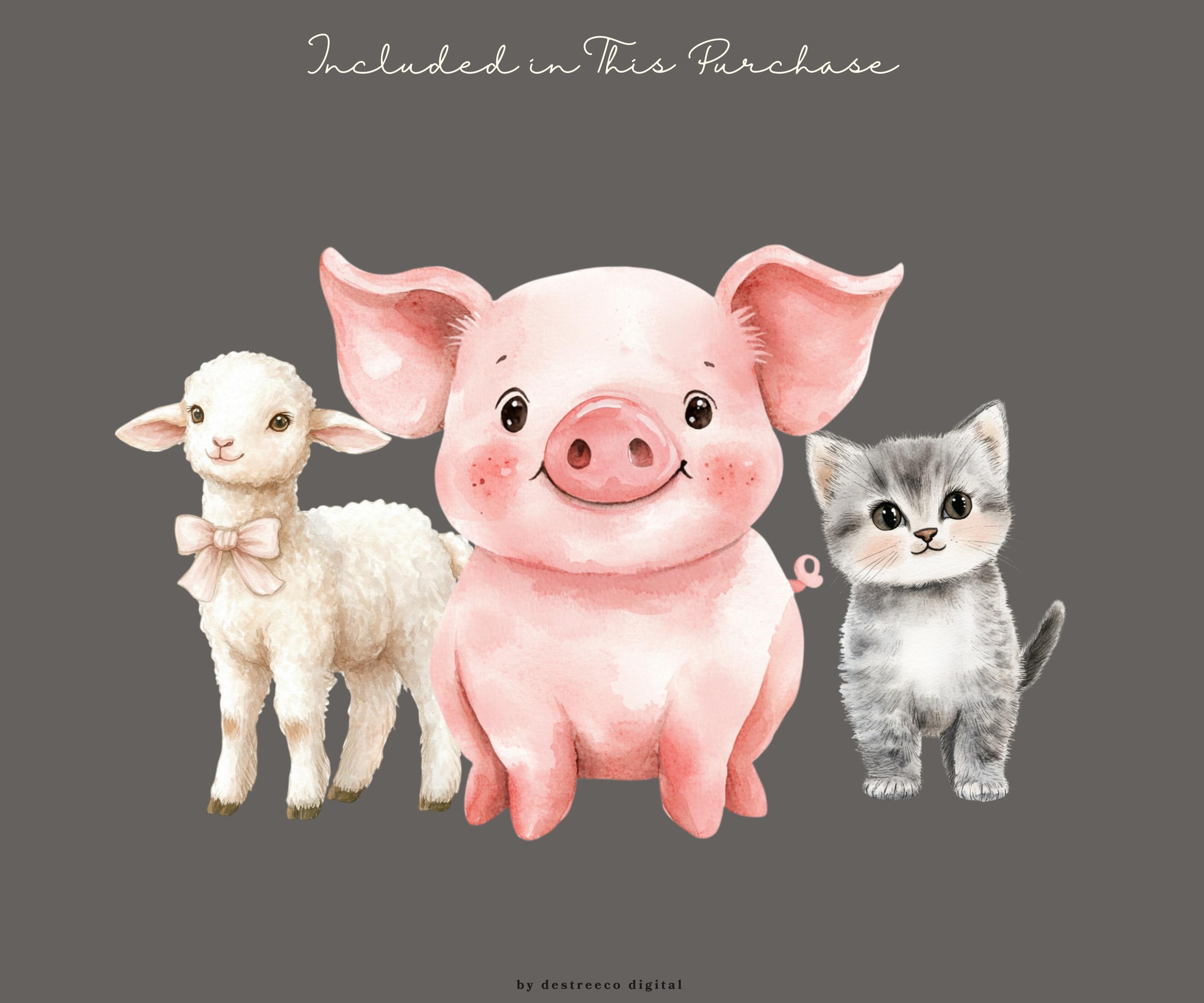 Farm Animals Clipart, Cute Watercolor Farm Animals, Pig Cow Horse ...