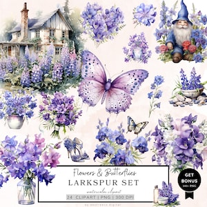 Larkspurs and Butterflies Clipart, Wildflower Clipart, Flowers Png, Cottagecore Clipart, Floral Png, Watercolor Clipart, Digital Download
