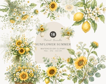 Imágenes prediseñadas florales de girasoles de verano, ramo de girasoles en acuarela PNG, flores de margarita limón, paquete floral estilo cottagecore (descarga digital) - 550