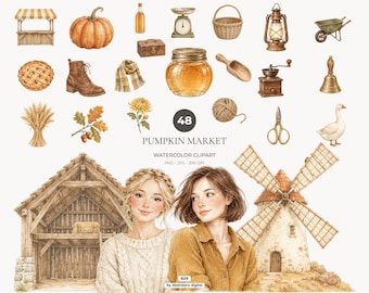 Pacchetto di clipart autunnali, zucca ad acquerello PNG, mercato del raccolto autunnale, grafica in stile rustico - 629