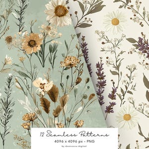 May include: A set of 12 seamless floral patterns featuring a variety of flowers and foliage in shades of green, brown, white, and purple. The patterns are perfect for creating digital or printed designs.