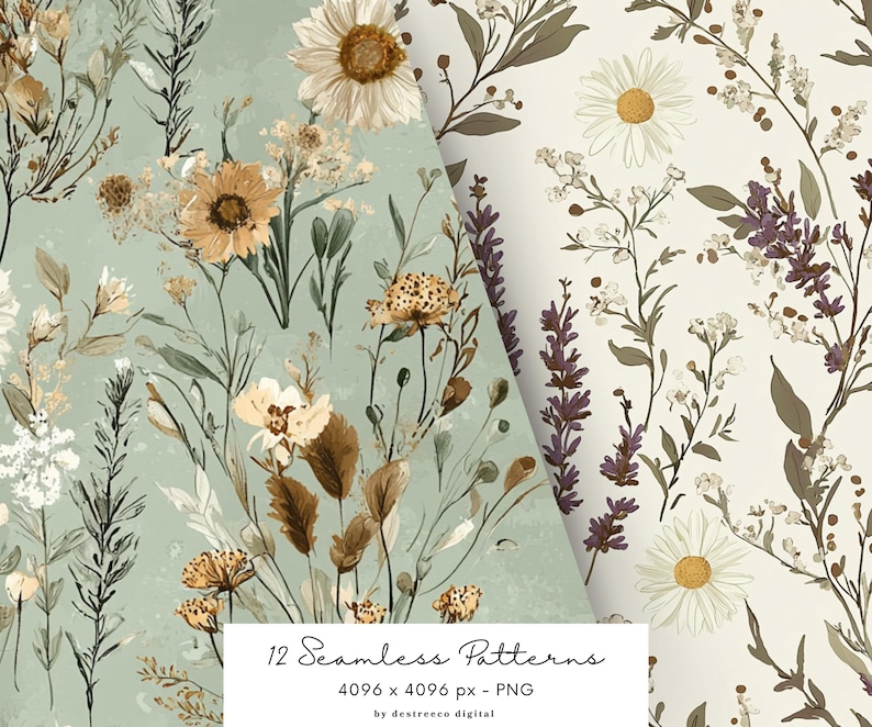 May include: A set of 12 seamless floral patterns featuring a variety of flowers and foliage in shades of green, brown, white, and purple. The patterns are perfect for creating digital or printed designs.