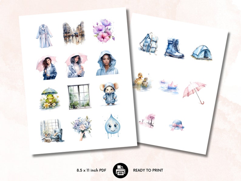 May include: A sheet of printable stickers featuring watercolor illustrations of a raincoat, umbrella, ducklings, a frog, a mouse, a flower bouquet, a raindrop, a backpack, boots, a tent, and a hat. The stickers are 8.5 x 11 inches and ready to print.