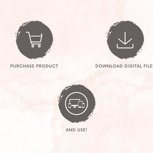 May include: Three gray circles with white icons and text. The first circle shows a shopping cart icon and the text "PURCHASE PRODUCT". The second circle shows a download arrow icon and the text "DOWNLOAD DIGITAL FILES". The third circle shows a computer screen and two phones and the text "AND USE!"