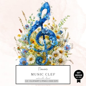 Music Clef Clipart, Floral Music Notes Clipart, Clef Png, Music Clipart, Music Symbols Png, Printable Watercolor Clipart, Digital Download