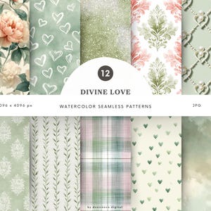 May include: A collection of 12 watercolor seamless patterns. The patterns feature floral, heart, and damask designs in soft pastel colors, including pink, green, and white. The text "DIVINE LOVE" is displayed on a white circle.