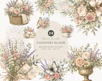 Paquete de imágenes prediseñadas florales en acuarela, ramo de rosas vintage PNG, flores de lavanda estilo cottagecore, gráficos botánicos para bodas - 560