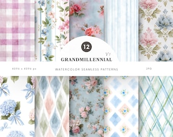 Watercolor Grandmillennial Seamless Patterns, Pastel Blue Pink Digital Paper, Vintage Floral Jpg, Plaid, Repeating Pattern, Scrapbook Paper