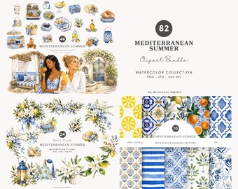 Aquarell mediterranen Sommer Clipart Sammlung, Zitrone Küsten PNG, blaue Fliesen Blumengrafiken, nahtloses Muster, digitaler Download