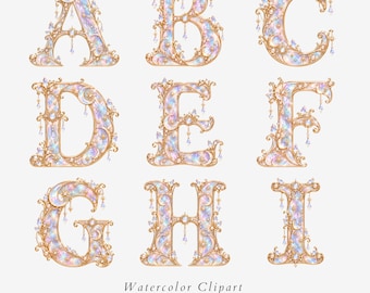 Celestial Opal Alphabet Clipart, Iridescent Monogram Letters, 26 PNG Set - 678