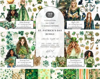 St Patrick's Day Clipart Bundle, Shamrock Floral Png, Irish Green Patrick Clipart, Lucky Clover Png, Cottagecore Clipart, StPatrick Graphics