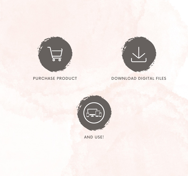 Puede incluir: Tres c&iacute;rculos grises con contornos blancos sobre un fondo rosa claro. El primer c&iacute;rculo muestra un icono de carrito de compras y el texto "COMPRAR PRODUCTO". El segundo c&iacute;rculo muestra un icono de flecha de descarga y el texto "DESCARGAR ARCHIVOS DIGITALES". El tercer c&iacute;rculo muestra un monitor de computadora y dos tel&eacute;fonos m&oacute;viles y el texto "&iexcl;Y USAR!"
