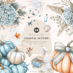 Watercolor Coastal Autumn Floral Bundle Png, Floral Clipart, Fall Flowers Png, Floral Graphics, Pumpkins Png, Hydrangea Png Digital Download