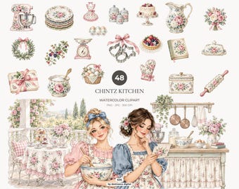 Clipart di cucina in stile cottagecore ad acquerello, decorazioni floreali per dolci in formato PNG, motivi floreali vintage, download digitale - 636
