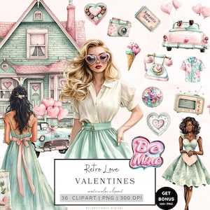 Valentinstag Clipart Bundle, Retro Valentinstag Clipart, Aquarell Paar Clipart, Happy Valentine Grafiken, Herz Png, Niedlichkeit Png Download