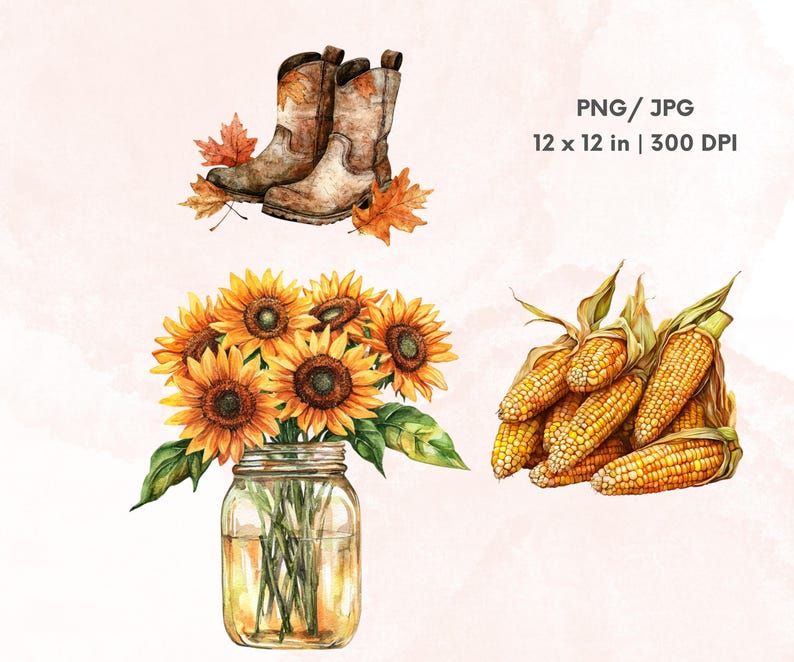 May include: Watercolor illustration featuring cowboy boots, sunflowers in a mason jar, and ears of corn. The image includes the text "PNG / JPG 12 x 12 in | 300 DPI". The color palette includes shades of brown, yellow, and green.