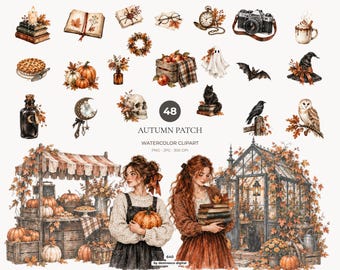 Clipart di Halloween ad acquerello, clipart autunnali, strega PNG, fantasma zucca gatto nero Pacchetto - 640