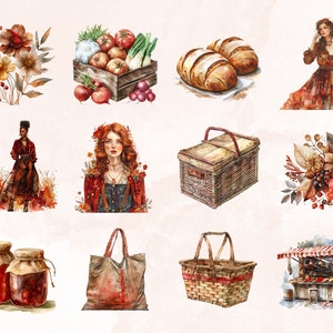 Puede incluir: Una ilustraci&oacute;n de acuarela de una variedad de art&iacute;culos oto&ntilde;ales, que incluyen una cesta de verduras, una hogaza de pan, una cesta de picnic, una bolsa de mano, un tarro de conservas y un arreglo floral. La ilustraci&oacute;n est&aacute; pintada en un estilo suave y rom&aacute;ntico con colores apagados.