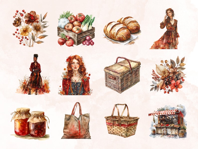 Puede incluir: Una ilustraci&oacute;n de acuarela de una variedad de art&iacute;culos oto&ntilde;ales, que incluyen una cesta de verduras, una hogaza de pan, una cesta de picnic, una bolsa de mano, un tarro de conservas y un arreglo floral. La ilustraci&oacute;n est&aacute; pintada en un estilo suave y rom&aacute;ntico con colores apagados.