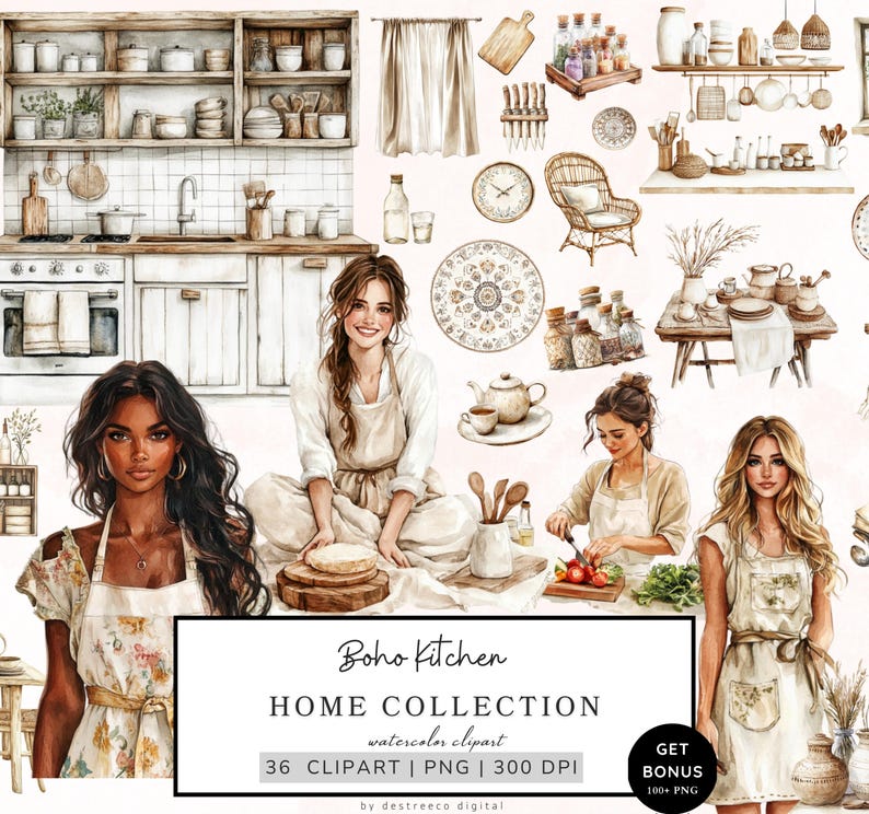 Puede incluir: Un conjunto de 36 ilustraciones de clipart de acuarela con un tema de cocina boho. Las ilustraciones incluyen una mujer con un delantal blanco, una encimera de cocina, estantes, una tetera, una mesa y otros art&iacute;culos de cocina. Las ilustraciones son perfectas para crear dise&ntilde;os digitales, scrapbooking y otros proyectos creativos.