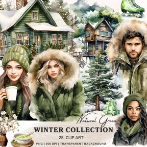 Aquarela Natural Green Winter Clipart, Cottagecore Clipart, Cozy Winter Png, Pretty Girl Clipart, , Pine Forest Clipart, Cute Bunny Png
