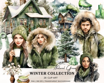 Puede incluir: Una ilustración de acuarela de una escena de invierno con una cabaña verde, un árbol y tres personas con ropa de invierno. El texto "Natural Green Winter Collection 28 Clip Art PNG | 300 DPI | Transparent Background" está en la parte inferior de la imagen.