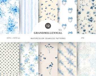 Watercolor Grandmillennial Seamless Patterns, Pastel Blue Pink Digital Paper, Vintage Floral Jpg, Plaid, Repeating Pattern, Scrapbook Paper