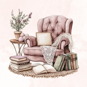 May include: A pink armchair with a white crocheted throw and a stack of books on a rug. There is a small table with a potted plant and decorative eggs.