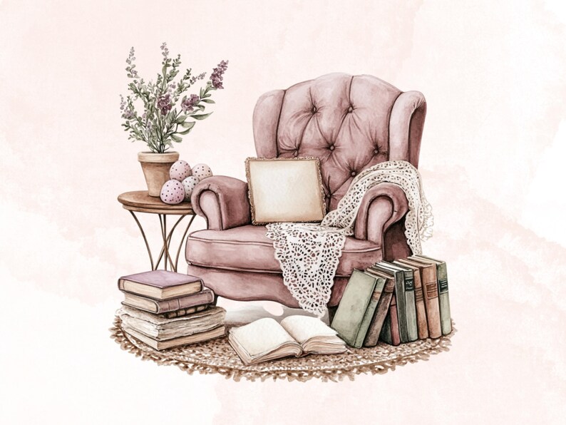 May include: A pink armchair with a white crocheted throw and a stack of books on a rug. There is a small table with a potted plant and decorative eggs.