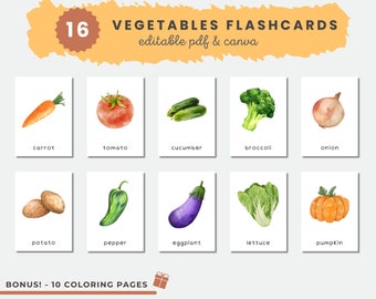 Vegetables Printable Flashcards, Editable Montessori Cards, Toddler Preschool Activity Card, Editable Pdf&Canva Template, Digital Download