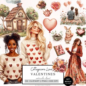 Pacchetto Clipart di San Valentino, Clipart di amore Cottagecore, Clipart di coppia acquerello, Grafica di San Valentino felice, Cuore, Download di PNG di tenerezza