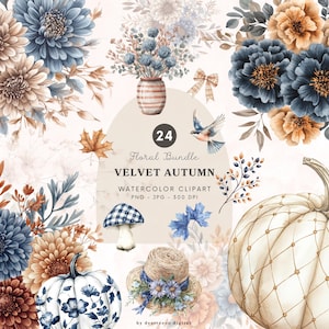 Aquarell Samt Herbst Blumen Bundle Png, Elegante Blumen Clipart, Herbst Blumen Clipart, Florale Grafiken, Kürbisse Png, Digital Download