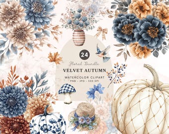 Watercolor Velvet Autumn Floral Bundle Png, Elegant Floral Clipart, Fall Flowers Clipart, Floral Graphics, Pumpkins Png, Digital Download