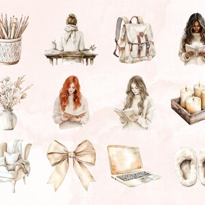 May include: A watercolor illustration set featuring various cozy and relaxing elements, including a woman reading a book, a backpack, candles, a vase with dried flowers, a laptop, a bow, a chair, and slippers.