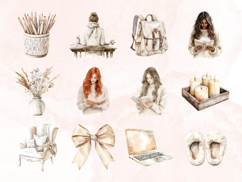 May include: A watercolor illustration set featuring various cozy and relaxing elements, including a woman reading a book, a backpack, candles, a vase with dried flowers, a laptop, a bow, a chair, and slippers.