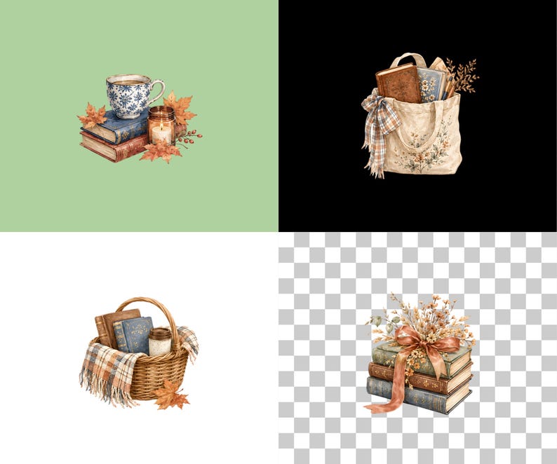 K&ouml;nnte beinhalten: Aquarellillustrationen von gem&uuml;tlichen Herbstszenen. Eine Teetasse steht auf B&uuml;chern mit Herbstbl&auml;ttern. Eine Tragetasche mit B&uuml;chern und einem Schal. Ein Korb mit B&uuml;chern und einer Decke. Ein Stapel B&uuml;cher mit einer Schleife und Trockenblumen.